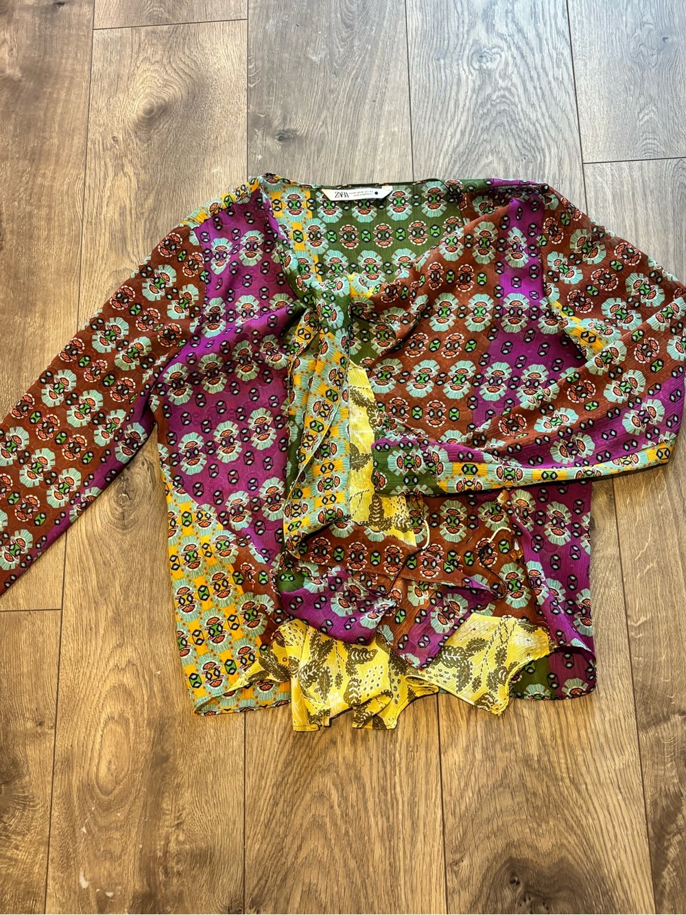 Zara Multicolor Floral Print Long Sleeve Top - Yellow, Purple, Green, Brown